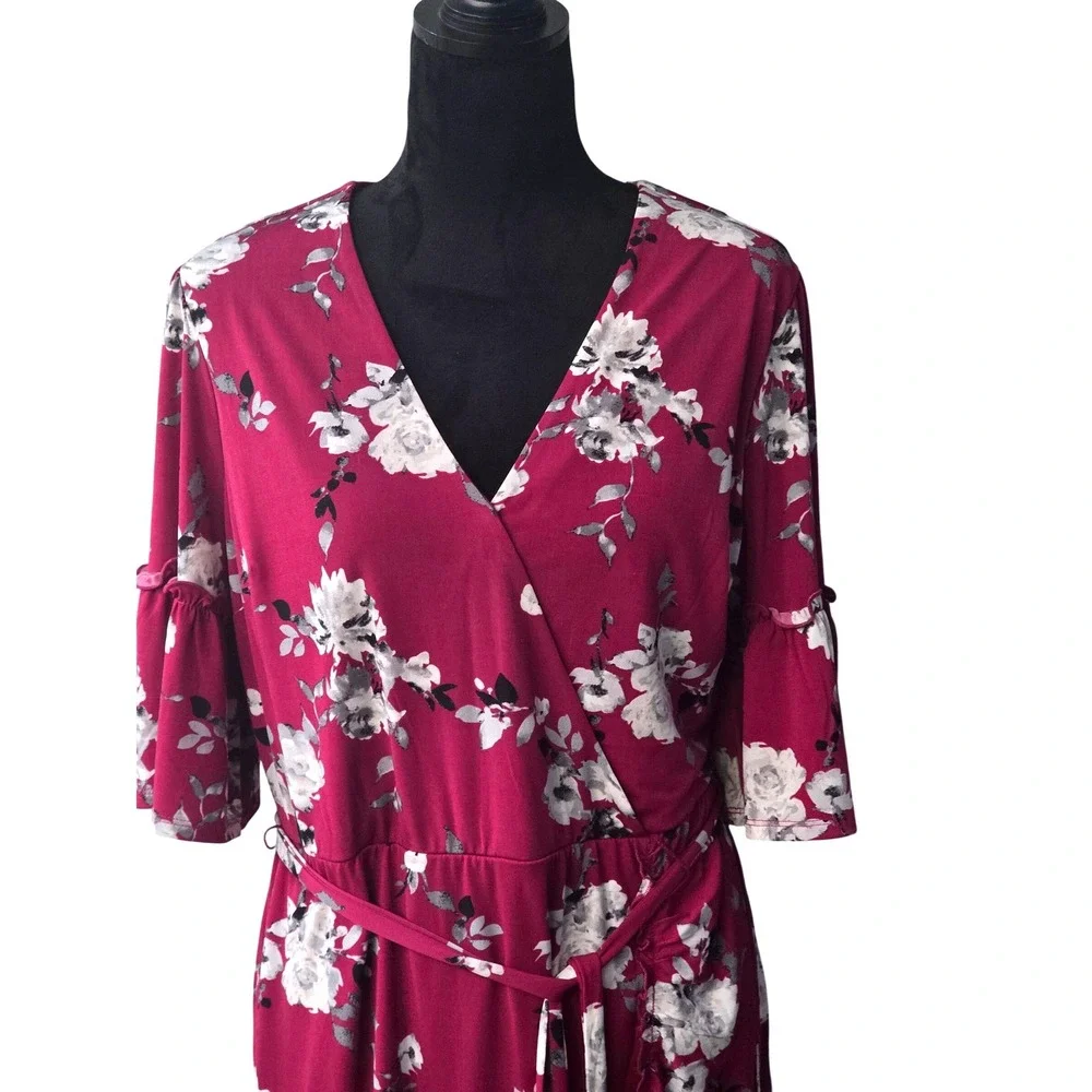 Cato Burgundy Floral Wrap Midi Dress Ruffle Sleeve V-Neck Tie Waist Stretch L B1